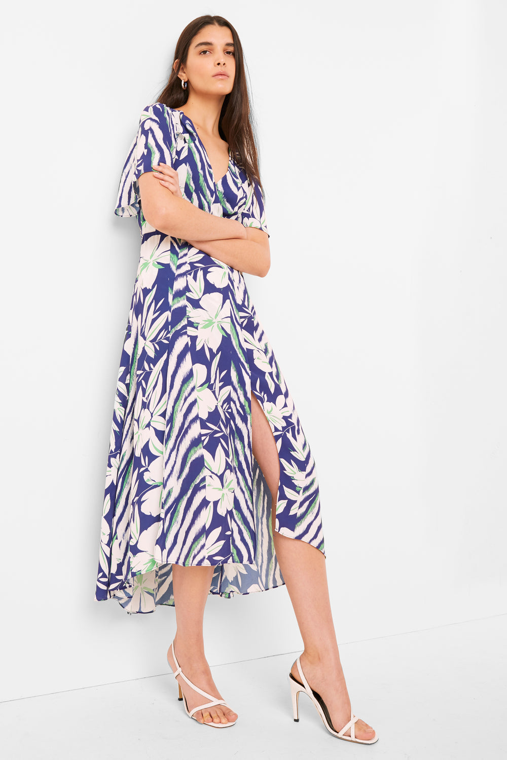 Diah Crepe Faux Wrap Belted Dress CLEMENT BLUE MULTI– French Connection US